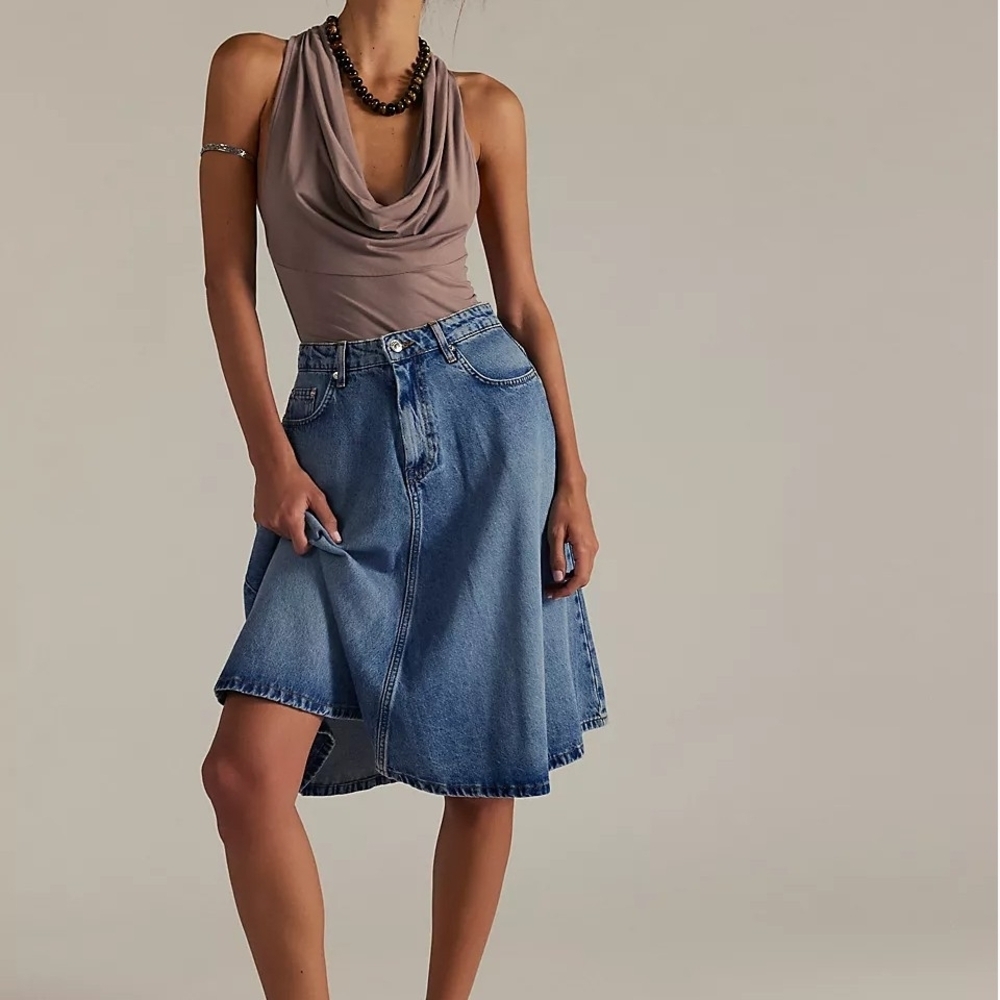 NWT Free People x We The Free Eclipse Denim Midi Skirt In Medium Wash - 25